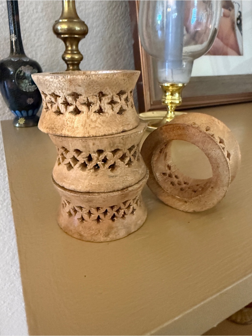 Handcrafted Carved Wooden Napkin Rings - Beige